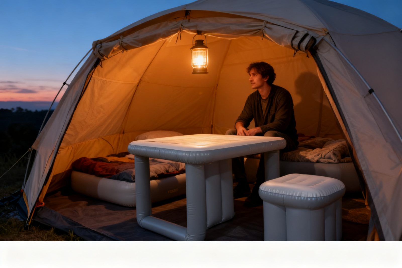 inflatable table & stool deployed on site, in use