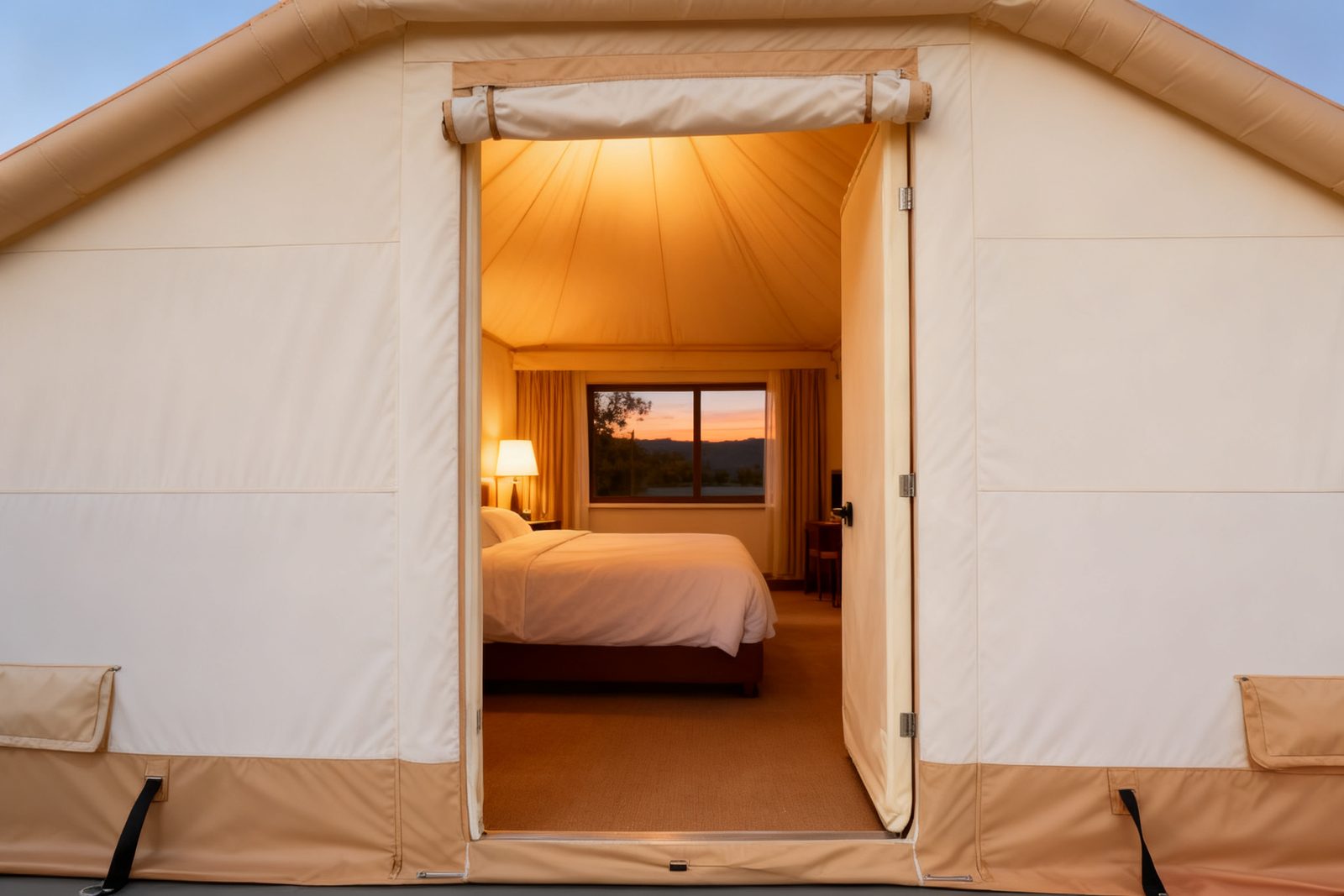 Interior of the luxury tent suite, furnished and in use