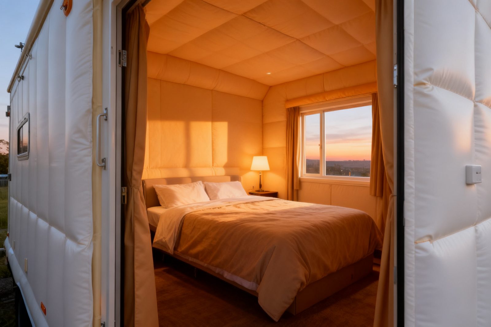 Interior of the mobile guesthouse unit, furnished and in use