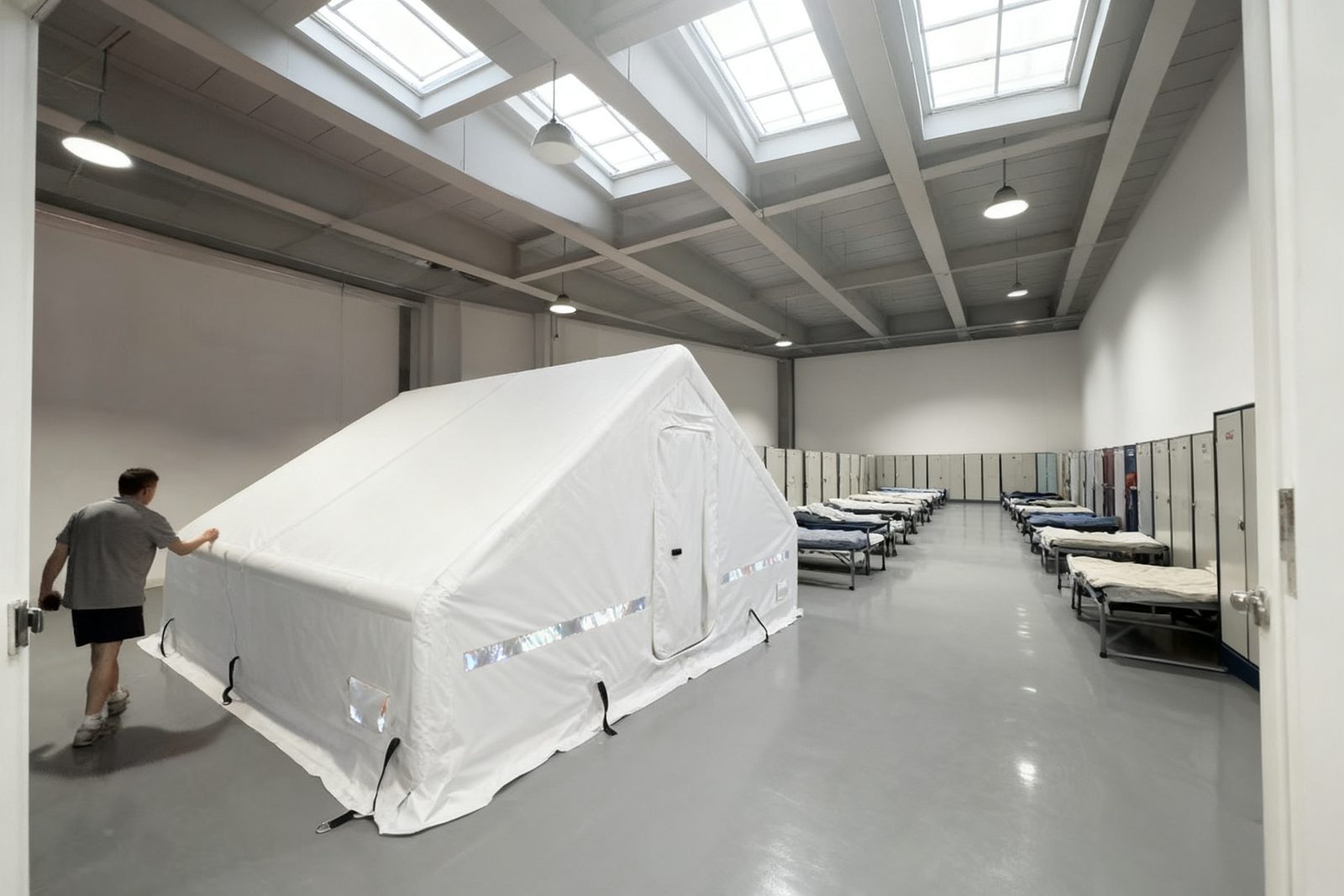 Interior of the refugee shelter unit, furnished and in use