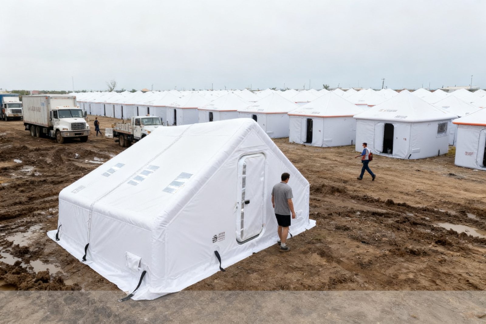 refugee shelter unit deployed on site, in use