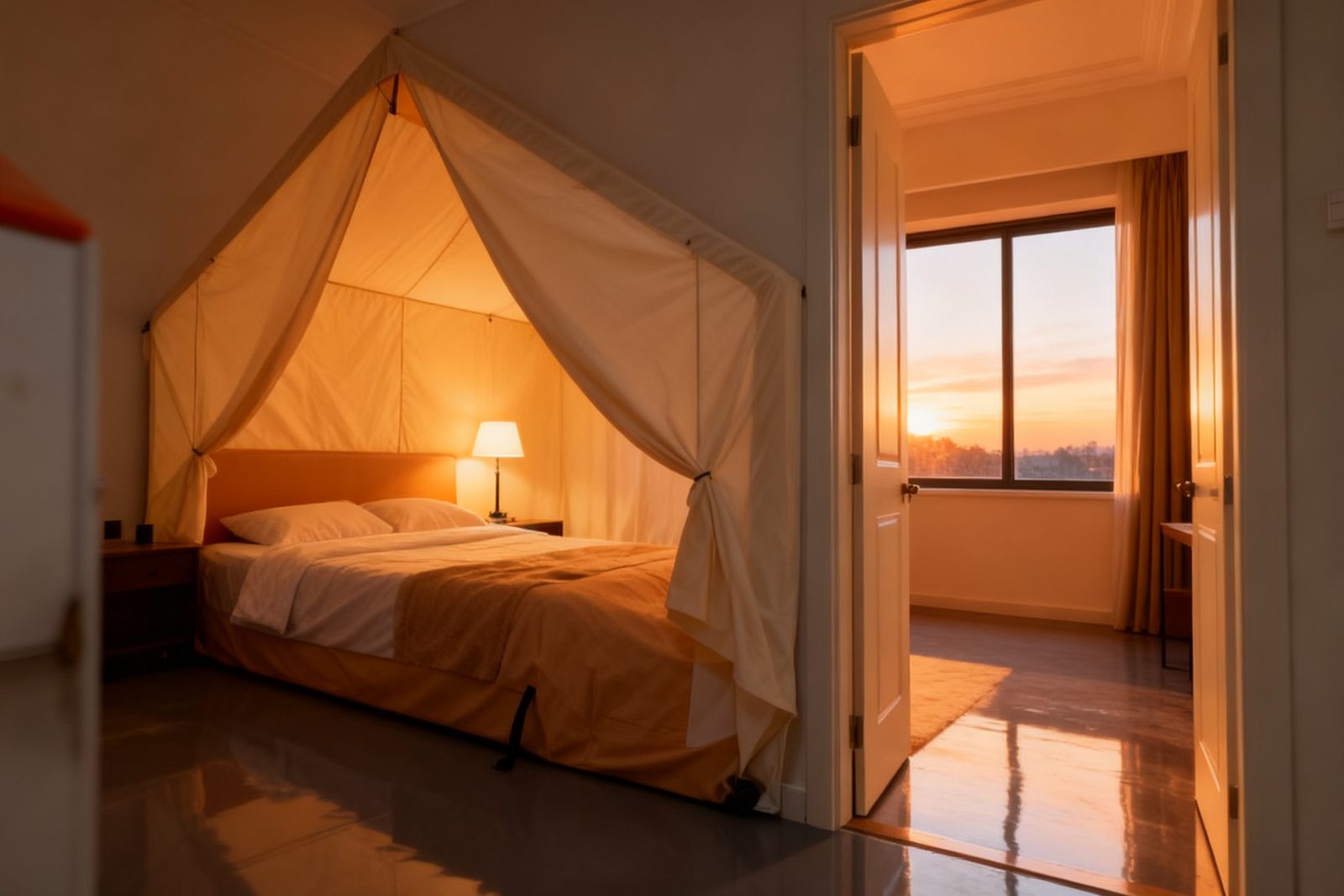 Interior of the rooftop tent, furnished and in use