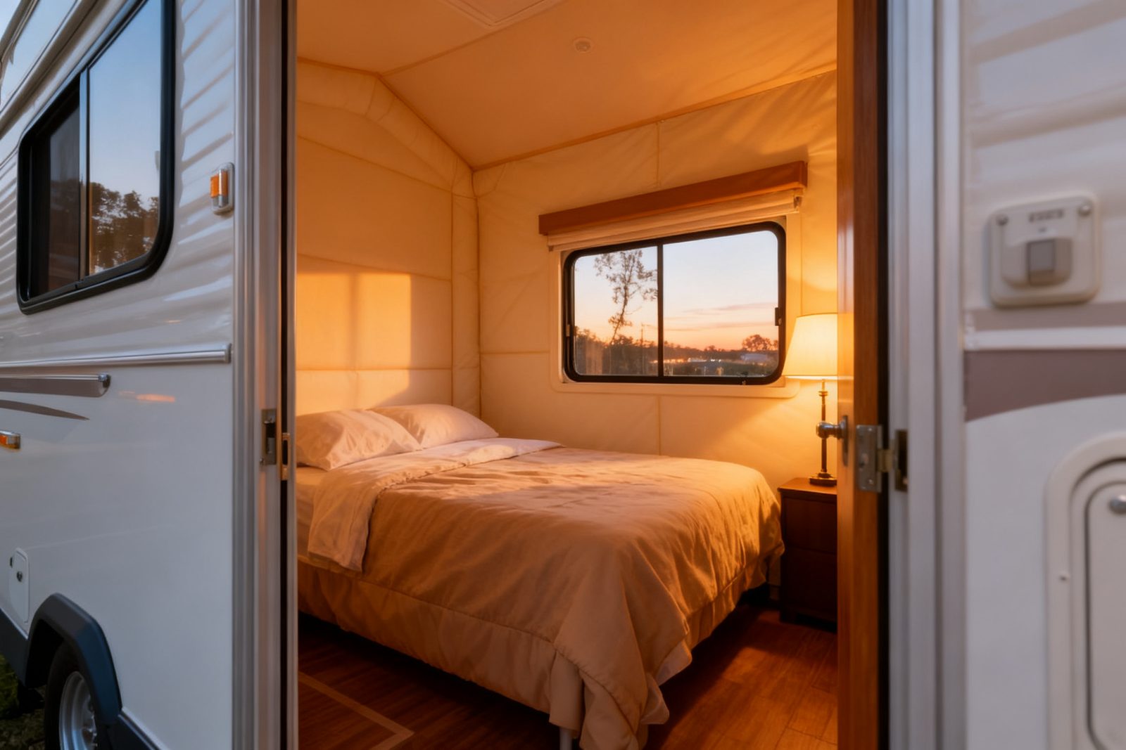 Interior of the RV park cabin, furnished and in use