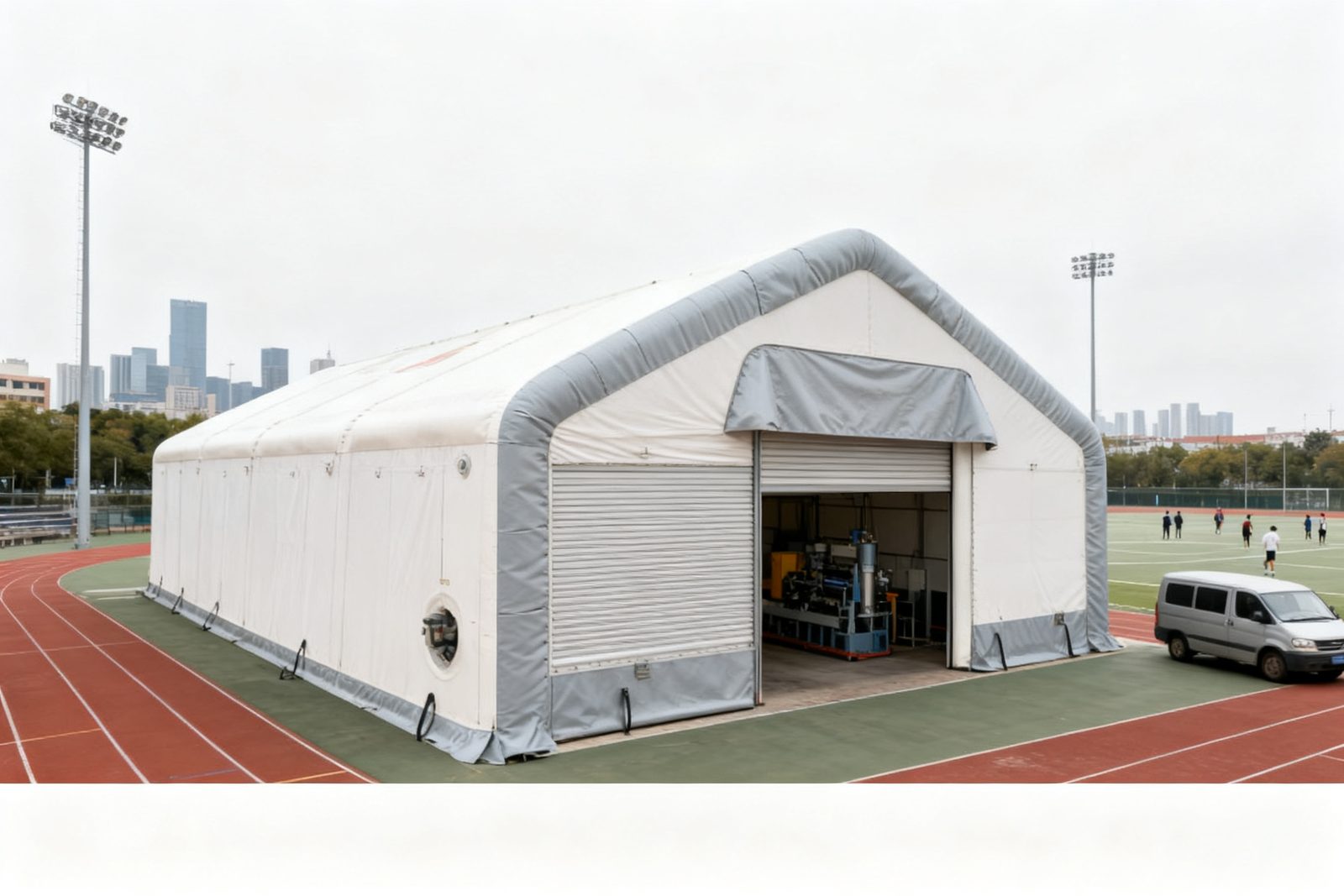 temporary workshop deployed on site, in use