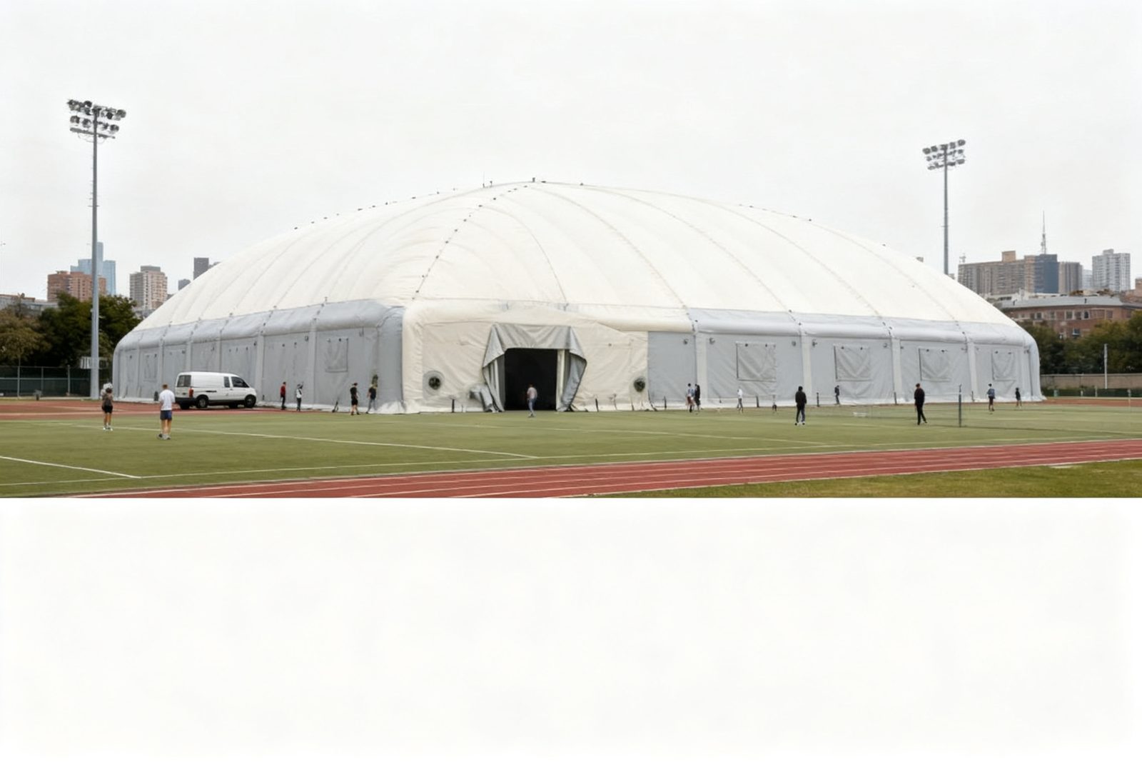 tennis dome deployed on site, in use