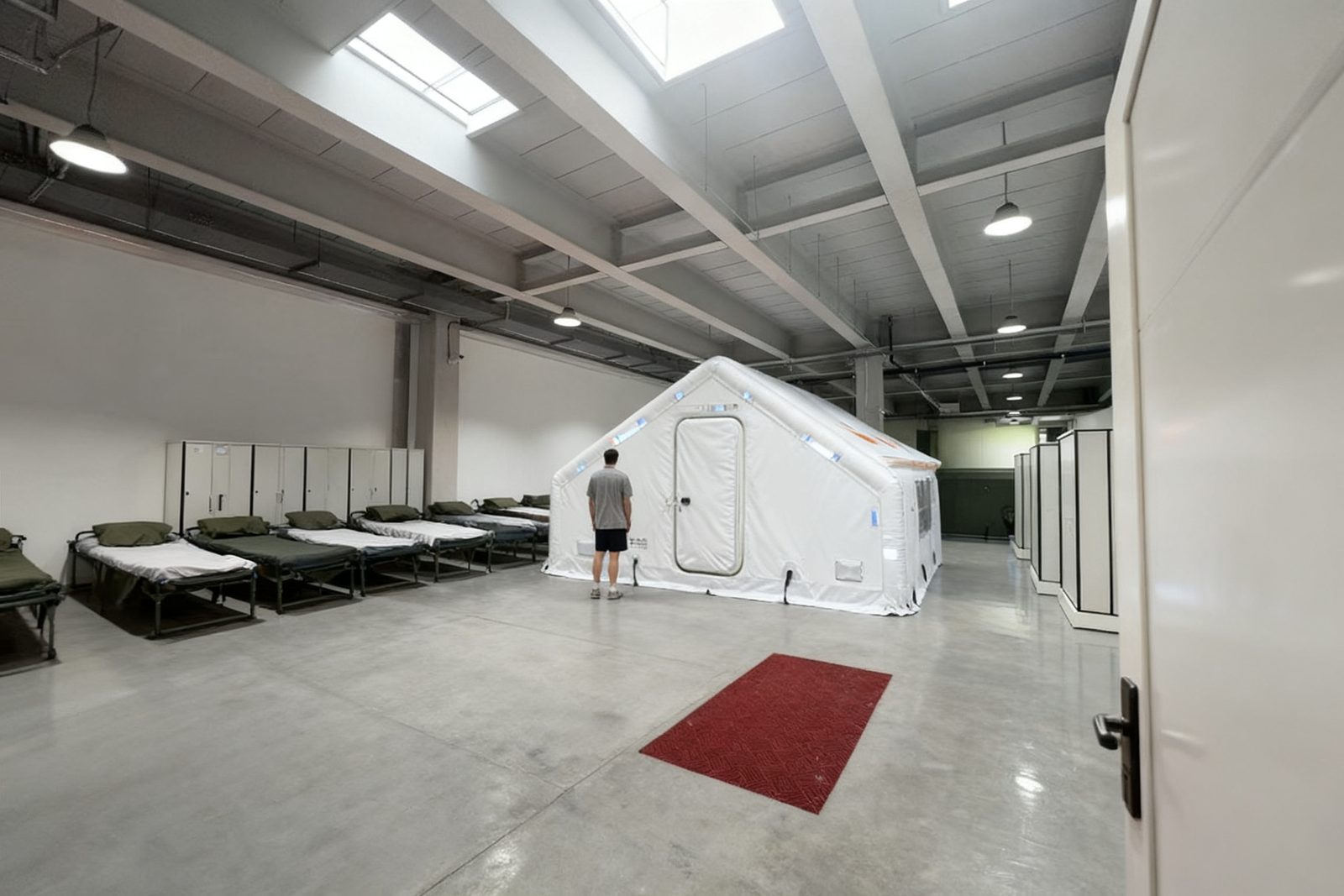Interior of the transitional shelter, furnished and in use
