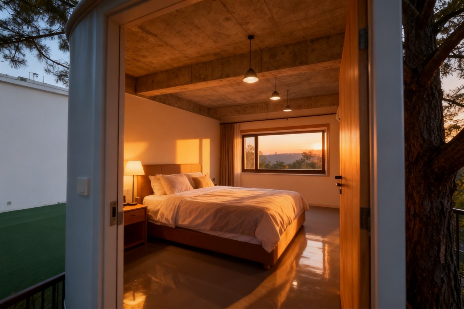 Interior of the treetop pod, furnished and in use