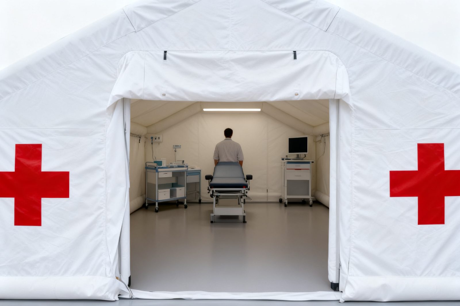 Interior of the triage tent, furnished and in use