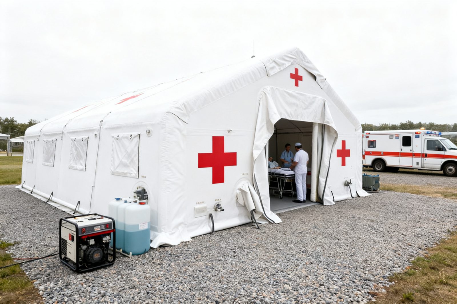 triage tent deployed on site, in use