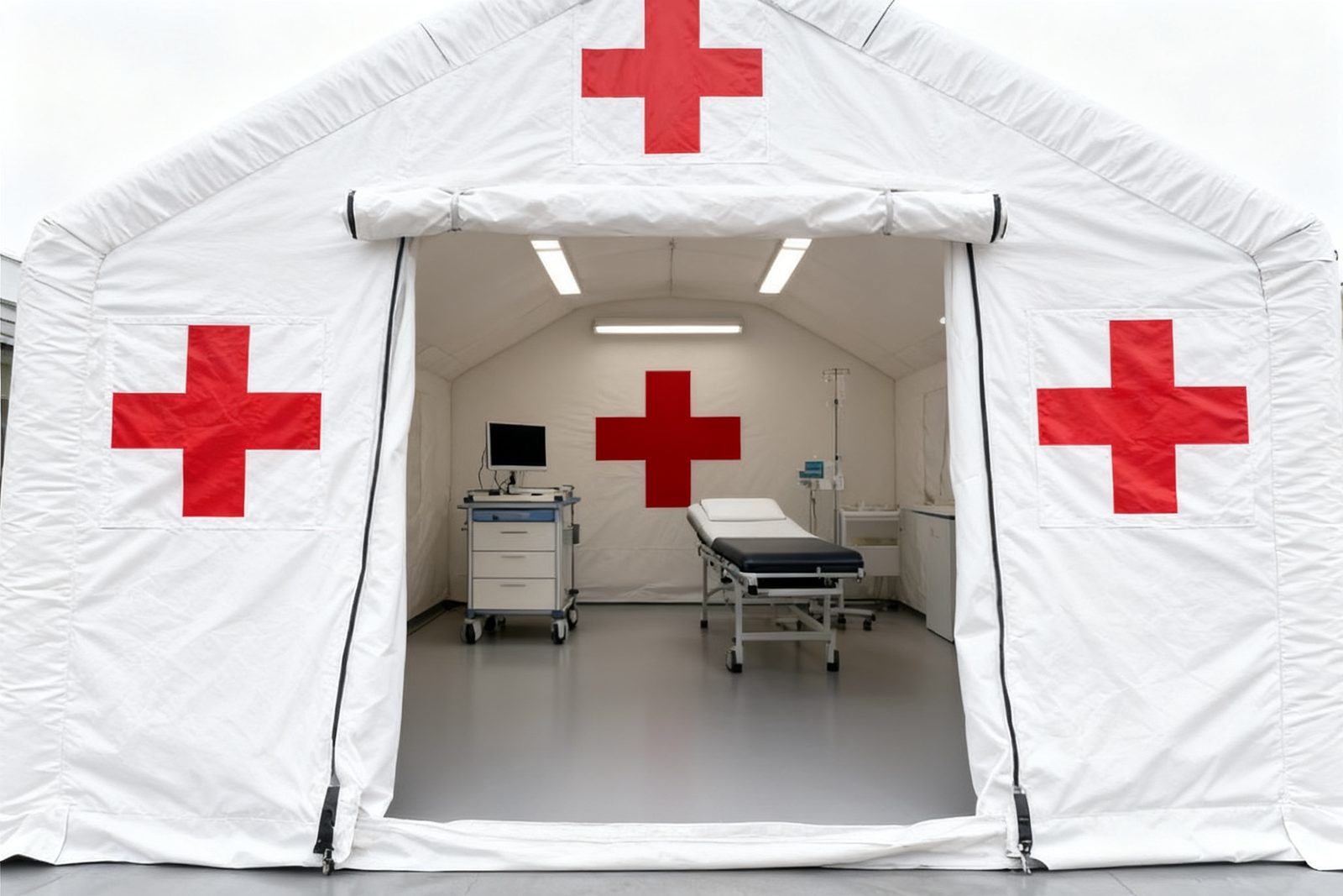 Interior of the vaccination point shelter, furnished and in use